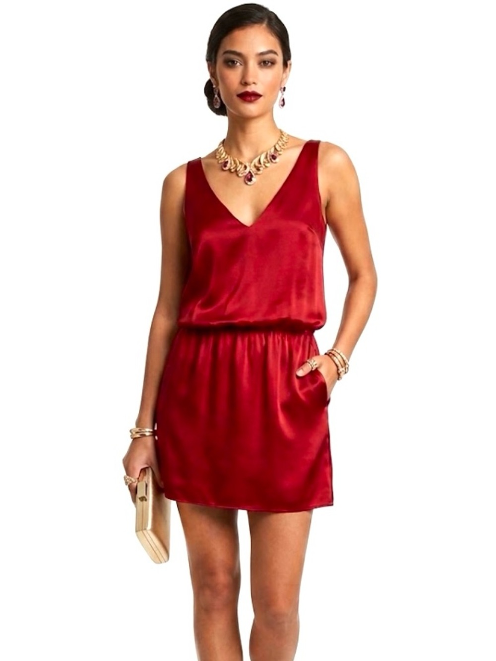 Amanda Uprichard 100% Silk V-Neck Elastic Waist Mini Dress Scarlet Red Petite